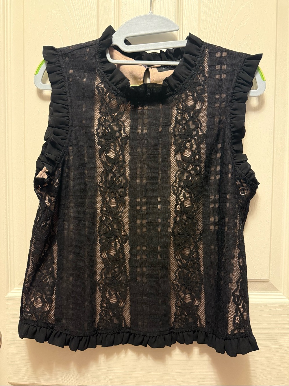 English Factory Black Lace Ruffle-Trim Sleeveless Camisole with Nude Lining